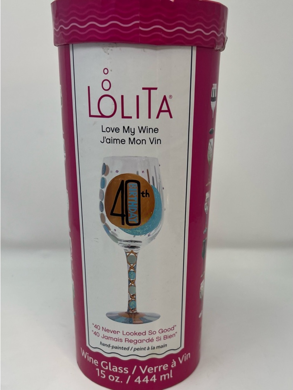 Lolita Wine Glass Hand Painted 40th Birthday Brand New Green Sliver Gold colors